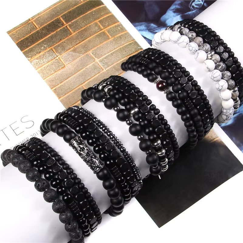 vinswet Armband-Set, Naturstein-Armbänder, Lavagestein, Hämatit, Onyx, Holzperlen, Lederarmbänder, Herren, Schwarz - Bild 3