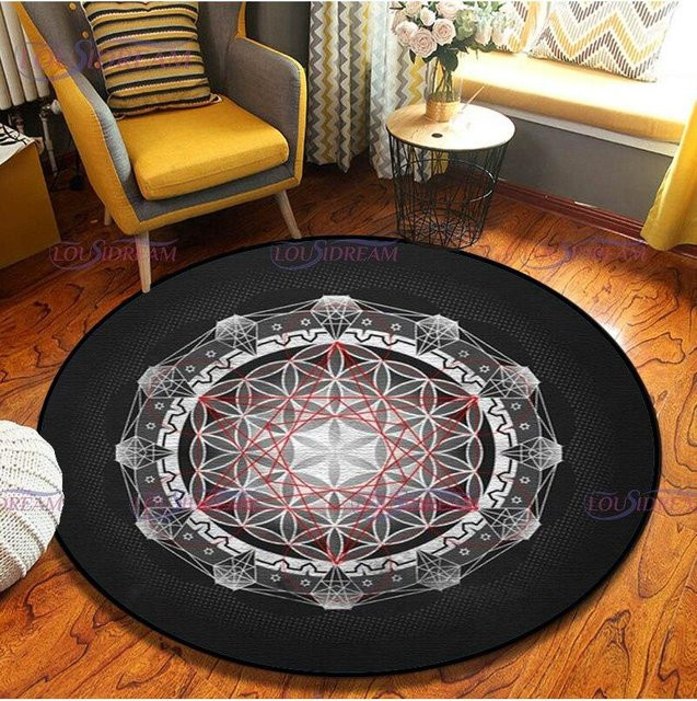 Runder Teppich mit Blume des Lebens und geometrischen Symbolen von ChenYing01, rutschfest und waschbar, Durchmesser: 80 cm - Bild 1