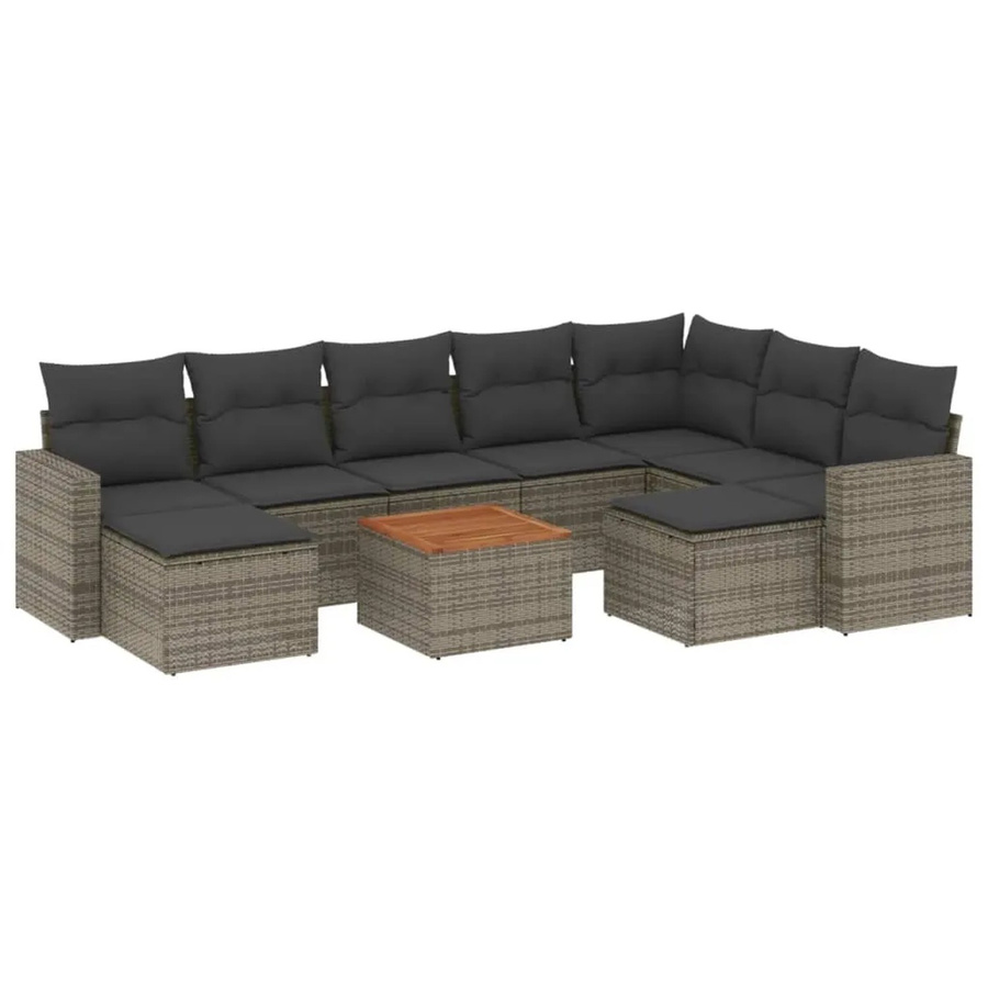 vidaXL 10-tlg. Garten-Sofagarnitur in L-Form aus grauem Poly-Rattan mit Kissen und Akazienholz - Bild 2