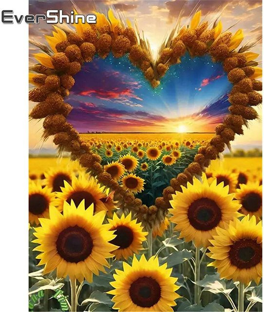 EverShine Diamantmalerei Wanddeko mit Herz, Sonnenblumen und Sonnenuntergang, Rund, Mehrfarbig, Durchmesser: 30 cm - Bild 1
