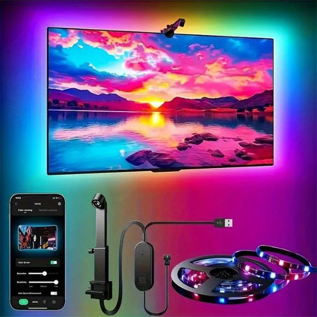 KcoiiFun RGBIC LED TV-Hintergrundbeleuchtungsstreifen mit Kamera-App-Steuerung und Musik-Synchronisation, Smart Ambientebeleuchtung für Gaming-Räume, Schwarz, passend für 55-75 Zoll - Bild 1