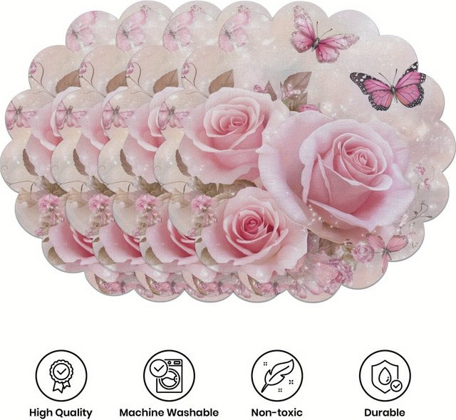 VIKAMA 4-teiliges Set Platzsets mit Rosen- und Schmetterlingsmuster in Rosa, rund, aus PVC - Bild 1
