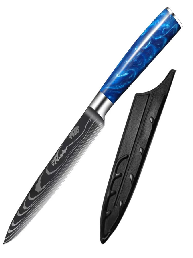WXCOO 5-Zoll-Küchenmesser-Set mit blauem Harzgriff und Laser-Damast-Muster bestehend aus Kochmesser, Hackmesser und Schneidemesser - Bild 6