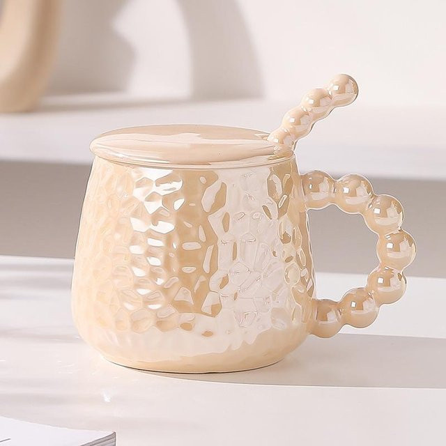Keramiktasse mit Deckel und Löffel von Yiran toy 1, Bunte Perle Design, Beige/Mehrfarbig, 430 ml - Bild 1