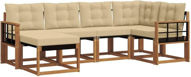 vidaXL Sofa Set 6-teilig L-Form aus Akazienholz mit Textilene und Kissen in Natur-Beige - Bild 1
