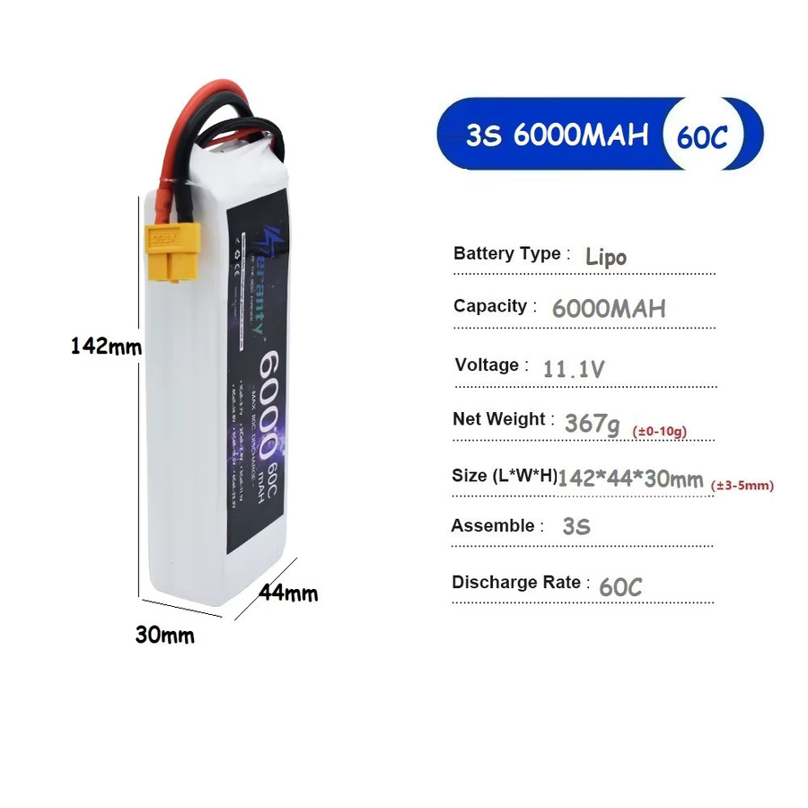 PYLRC 3S LiPo Batterie 11,1 V 6000mAh 60C für RC Drohnen, Autos und Hubschrauber mit XT60, XT90, T-Plug oder EC5 Anschluss, Weiß - Bild 2
