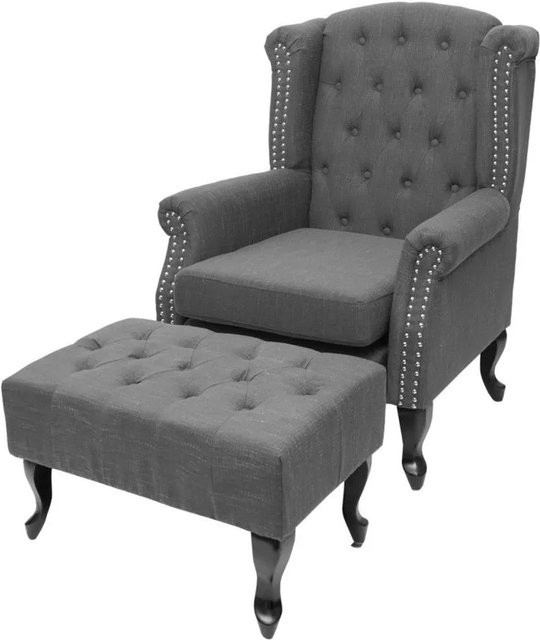 MCW Chesterfield Oxford Relaxsessel mit Ottomane in Dunkelgrau mit Rautenmuster und Holzgestell - Bild 1
