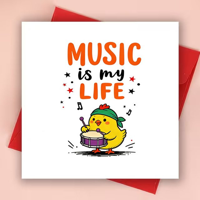 2er-Set quadratische Dankeskarten mit Umschlag in Weiß, Cartoon-Design mit Musik- und Küken-Motiv - Bild 1