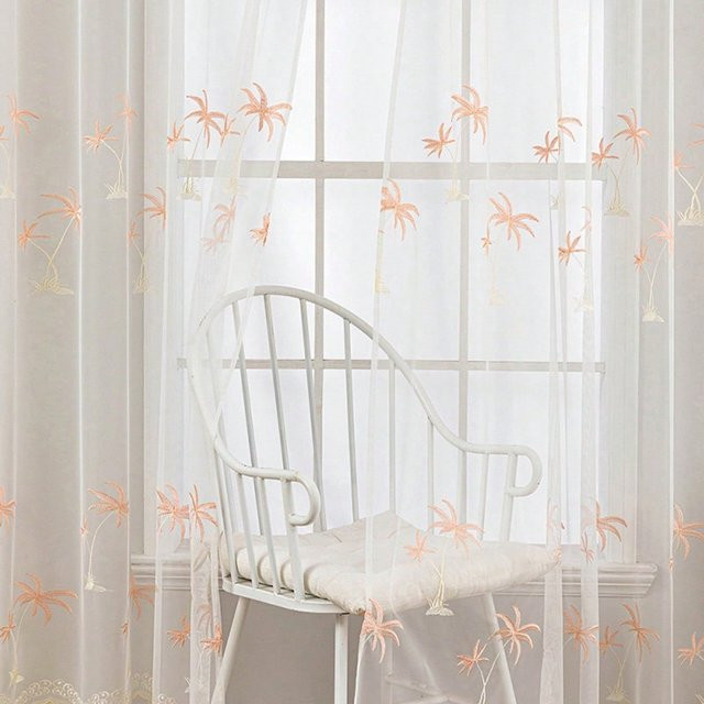 Besticktes Fensterfliegengitter mit hawaiianischem Palmenmuster in Rosa und Weiß, B/H: 140 x 145 cm - Bild 1