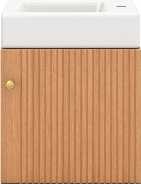 Hängender Waschtischunterschrank mit Waschbecken aus Holz und Keramik in Naturfarbe, modernes Design mit dreidimensionalen Mustern, B/T/H: 46 x 26 x 56 cm - Bild 1