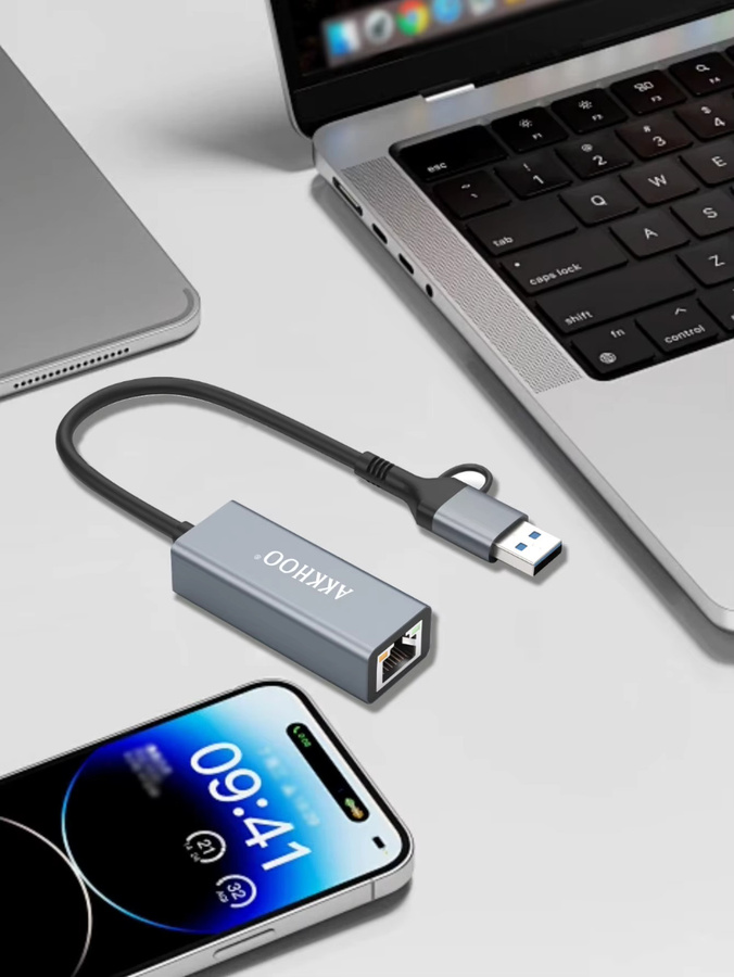 AKKHOO USB und Type-C Zwei-in-Eins Netzwerkkartenkonverter RJ45 Ethernet LAN Adapter in Grau - Bild 3