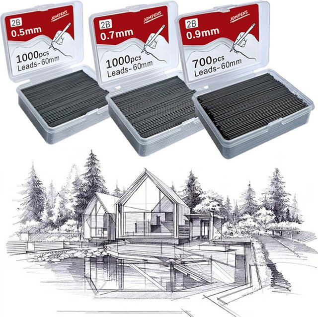 1000 Stück Druckbleistiftminen 2B in Schwarz, Durchmesser 0,5 mm, 0,7 mm und 0,9 mm, Länge: 60 mm, Nachfüllminen für automatische Bleistifte im Set mit 2 Röhren - Bild 1