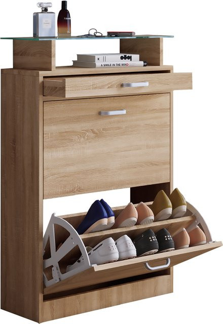 VCM Schuhschrank Sipos in Sonoma-Eiche mit Klappfächern und Schubladen, Braun, B/T/H: 91 x 22 x 59 cm - Bild 1