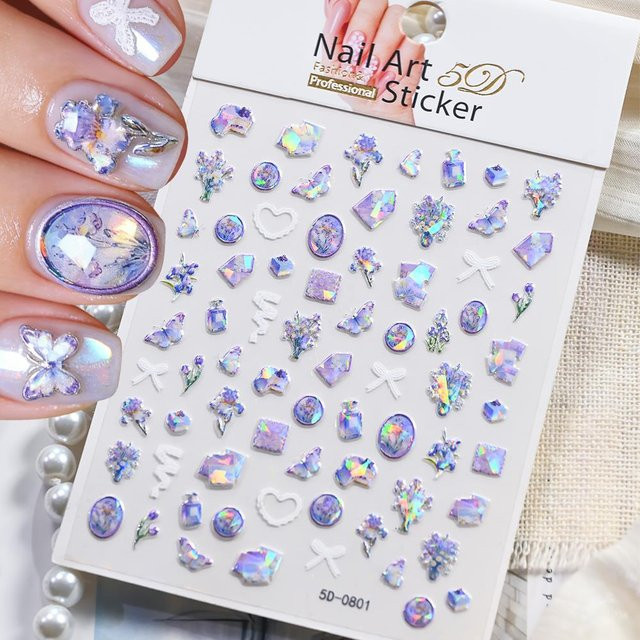 HotPress Nagelaufkleber, 5D Holographisch, Blumen und Schmetterlinge, Schimmernd - Bild 1