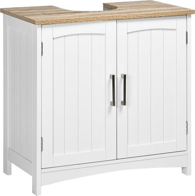 Aosom Badezimmer Unterschrank mit 2 Türen und verstellbarem Fach in Weiß und Holz, platzsparender Unterschrank mit U-Ausschnitt für Waschbecken, B/T/H: 60 x 33 x 60 cm - Bild 1