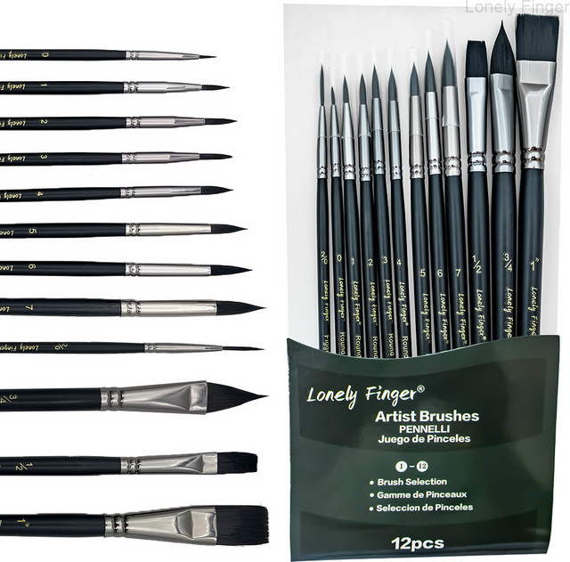 12-teiliges professionelles Aquarellpinsel-Set aus schwarzen synthetischen Kunsthaaren für Aquarell, Acryl und Gouache - Bild 1