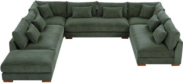 Vente-unique Sofa Sperone in Grün, L-Form mit Cord-Velours-Bezug, Breite: 375 cm, Tiefe: 102 cm - Bild 1