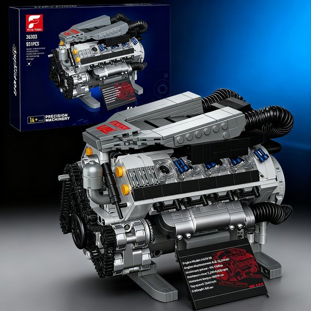 AMAZINGBLOKS V8 Motor Technologie Bausteine Set, 931 Teile, Graues DIY Modellbau-Set für Kinder und Erwachsene ab 14 Jahren - Bild 1