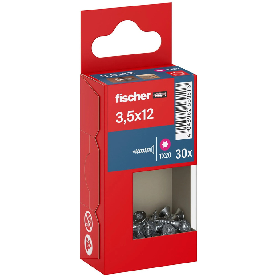 Fischer PowerFast II Senkkopf Schraube mit Torx-Antrieb und Vollgewinde aus verzinktem Stahl, Farbe: Silber, Durchmesser: 3,5 mm, Länge: 12 mm, 30 Stück - Bild 2