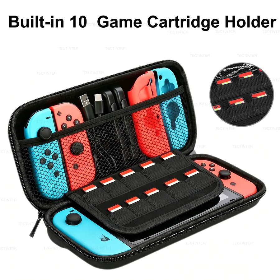 TECTINTER Tragbare Aufbewahrungstasche für Nintendo Switch und Switch OLED in Schwarz mit 10 Kartenfächern für dein Zubehör - Bild 3