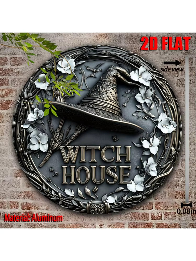 Potdemiel Hexenhaus Metallwandkunst Rundes Aluminiumschild mit Hexenhut, Blumen und Mond im Vintage-Stil, Durchmesser: 20 cm - Bild 7