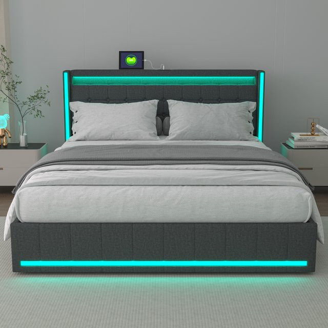 Rosahqnda Modernes Doppelbett mit Schubladen, LED-Beleuchtung und USB-Anschluss, Massivmetall und Leinen, Dunkelgrau, 160 x 200 cm - Bild 1