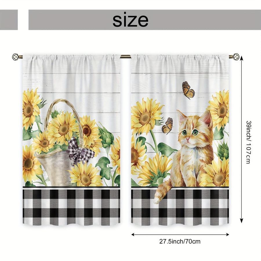 2er-Set Küchenvorhang von Household supplies MH mit Sonnenblumen, Katze und Schmetterlingen im Landhausstil, mehrfarbig, B: 70 cm, H: 107 cm - Bild 2