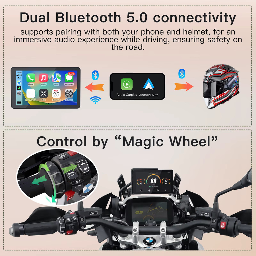 CARABC MB6 Motorrad Navigation mit 6 Zoll Display, Drahtlose CarPlay und Android Auto Funktion in Schwarz für BMW R1300GS S1000 XRF750GS XR M1000 R1200GS R1250GS - Bild 3
