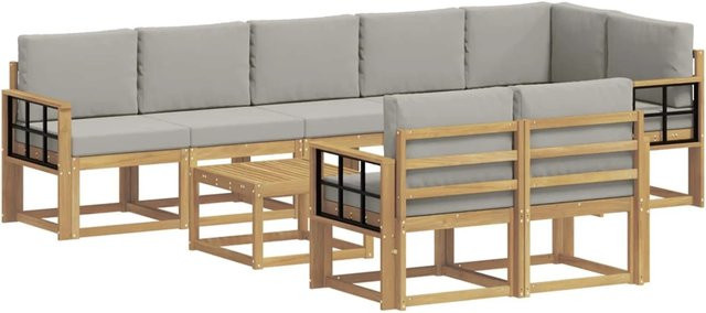vidaXL Outdoor-Sofagarnitur aus massivem Akazienholz mit 9-teiligem Set und Kissen in Weiß und Hellgrau - Bild 1
