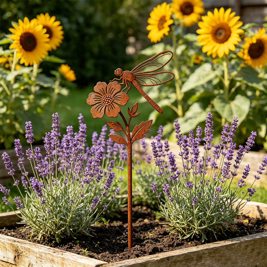Schmiedeeiserner Gartendekorationspfahl mit Libellen- und Blumenmotiv in Rostbraun - Bild 4