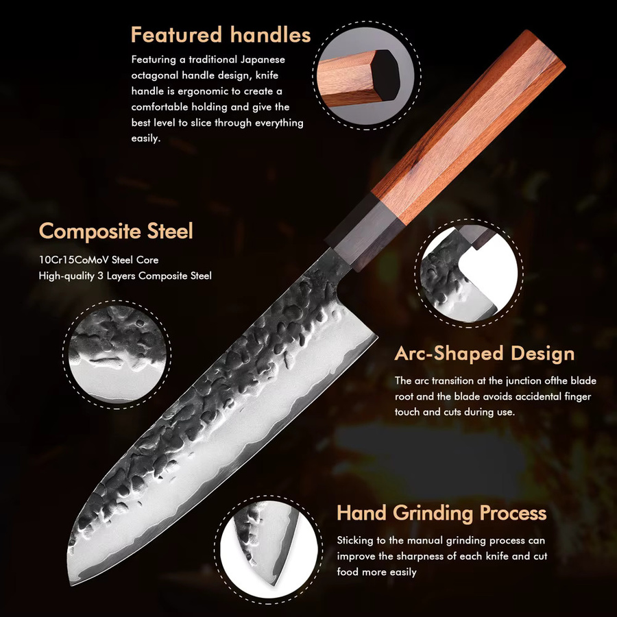 MOSTODOZO Santoku-Messer aus 3-lagigem Verbundstahl mit Holzgriff, 19,05 cm Japanisches Kochmesser - Bild 4