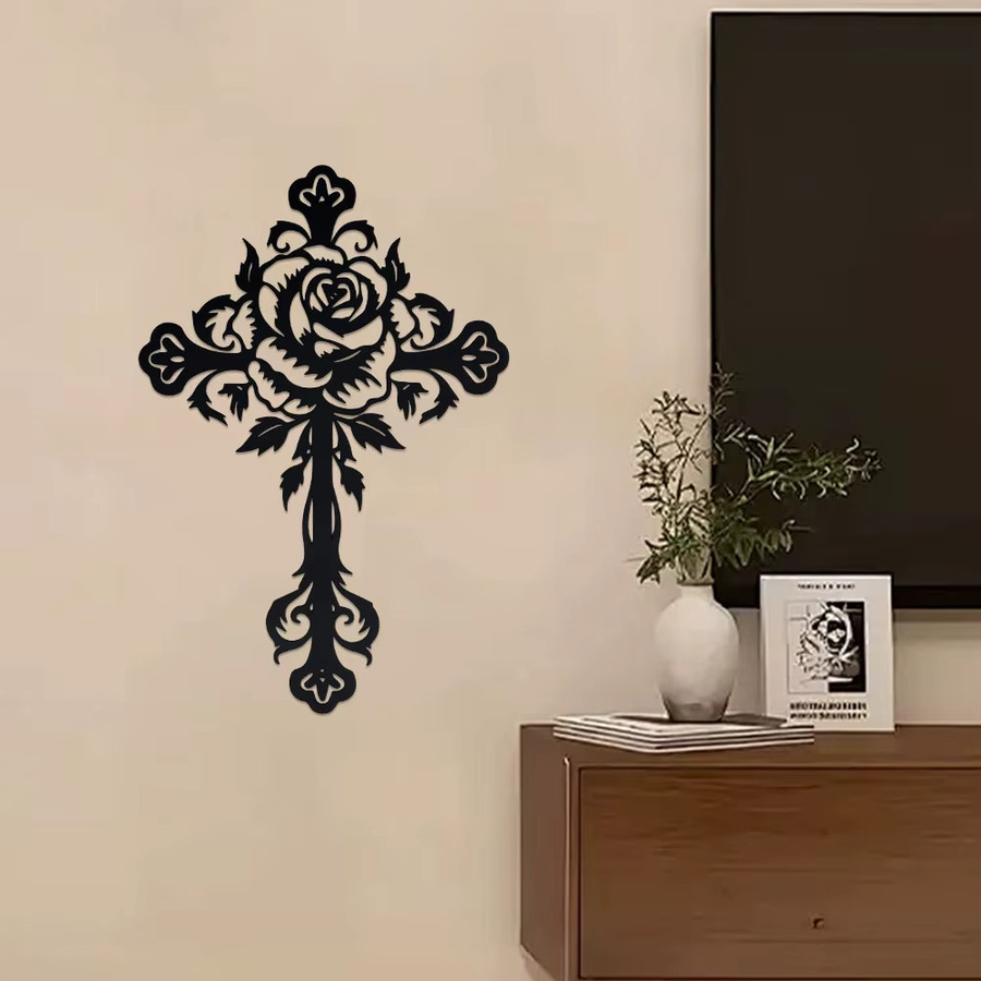 DDPNKL Christliches Metallkreuz mit floralem Design in Schwarz als Wanddekoration - Bild 3