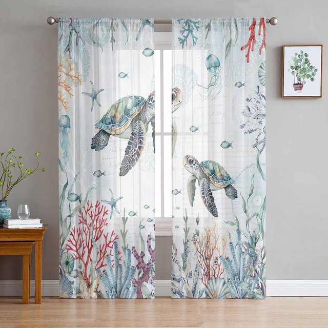 Binchi Outdoor Equipment Tüll-Fenstervorhänge mit Ozean-Motiv Koralle Seestern und Meeresschildkröte in Weiß und Multicolour, Breite: 135 cm, Höhe: 114 cm - Bild 1