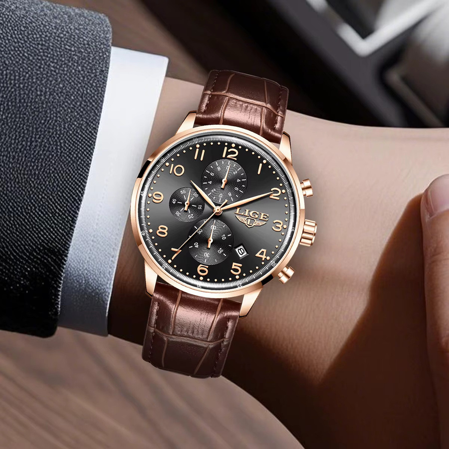 LIGE Armbanduhr Quarz, Leder, Schwarz, Roségold, Herren - Bild 5