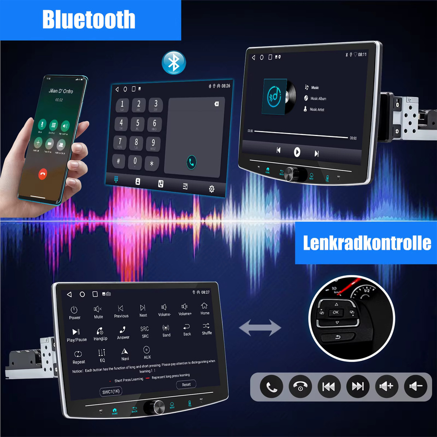 ESSGOO Universal Autoradio mit Android 15, 10.1 Zoll Touchscreen, 4+64 GB, Schwarz, 1 DIN mit 360 Grad drehbarem Display, Wireless CarPlay, Android Auto, GPS, Bluetooth, WiFi und Lenkradsteuerung - Bild 3