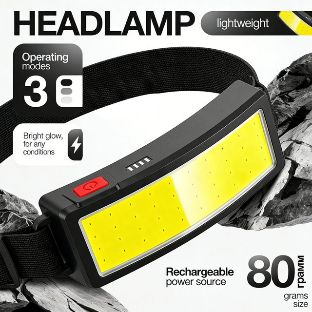XIWANGFIRE COB LED-Stirnlampe in Schwarz mit USB-Akku und kühlem Weißlicht für Outdoor, Camping und Angeln - Bild 1