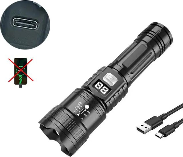 Pawell Hochleistungs-LED-Taschenlampe in Schwarz, wiederaufladbare Zoom-Laterne mit Typ-C für Camping und Notfälle - Bild 1