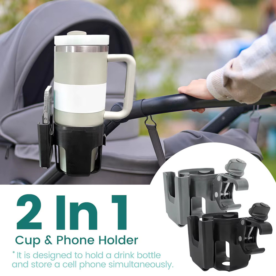 momo&dudu 2-in-1 Getränkehalter und Handyhalter für Kinderwagen, Fahrrad oder Rollstuhl mit 360 Grad Drehung und starkem Clip, Grau/Schwarz - Bild 4