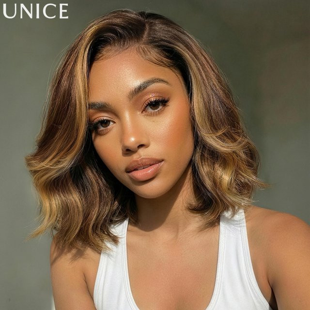 UNice Lace Frontal Wavy Bob Perücke, Schokoladenbraun mit goldenen Highlights, Echthaar - Bild 1