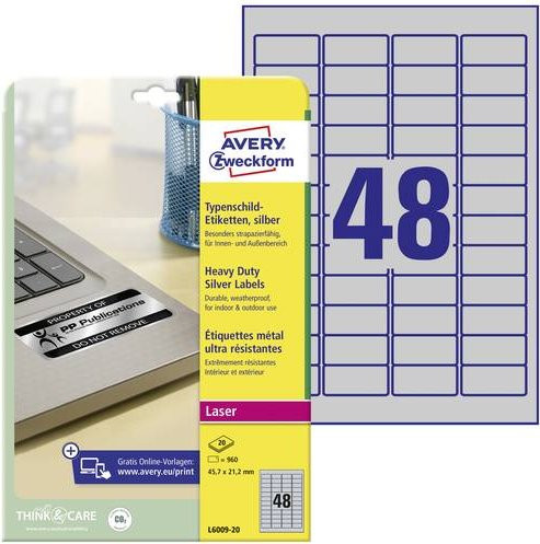 Avery Zweckform Typenschild-Etiketten L6009-20, Silber, Polyesterfolie, Breite: 45,7 mm, Höhe: 21,2 mm, 960 Stück - Bild 1