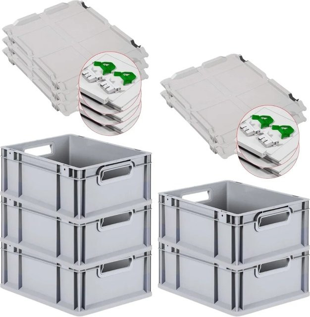 PROREGAL SuperSparSet 5x Eurobox NextGen Grip mit Scharnierdeckel und grünen Schiebeschnappverschlüssen, Grau, H x B x T: 17 x 30 x 40 cm - Bild 1