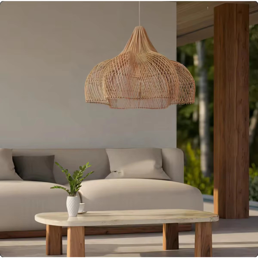 JOYINLED Rattan-Kronleuchter Beige, handgewebte Boho Pendelleuchte für E27, Durchmesser: 60 cm - Bild 3