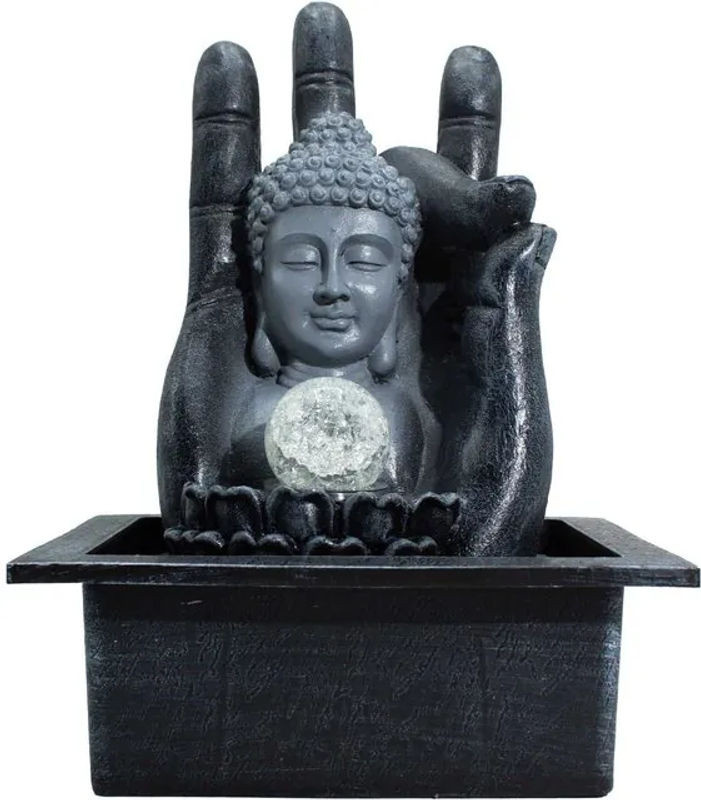SHAMTAM Buddha Hand & Kopf Tischbrunnen in Grau mit LED-Beleuchtung und Drehkugel aus Polyresin, B/T/H: 20 x 25 x 35 cm - Bild 1