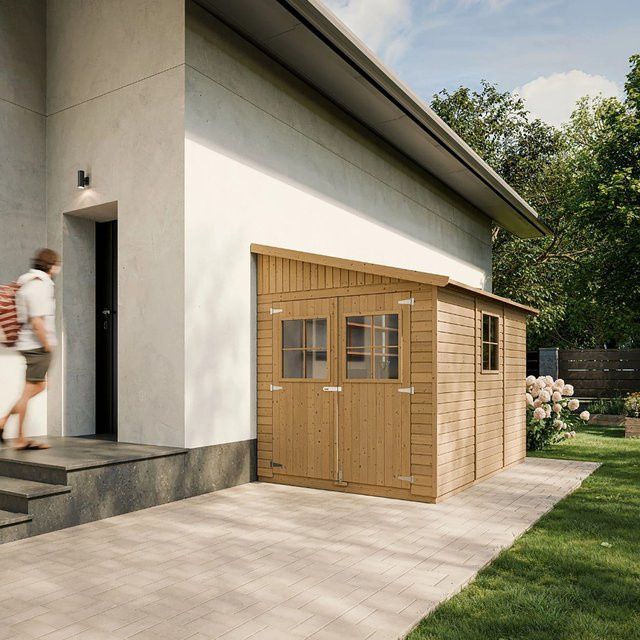 Timbela Anbau-Gartenhaus aus Holz M339+M339G mit 6 m² Grundfläche und Boden ohne Seitenwand - Bild 1