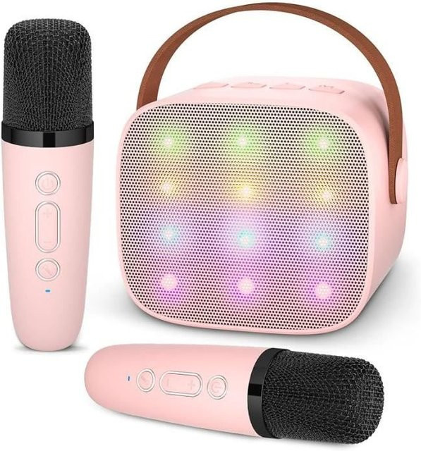AMOUNE Karaoke-Maschine in Rosa mit drahtlosen Mikrofonen, Stimmeffekten und LED-Beleuchtung für Kinder - Bild 1