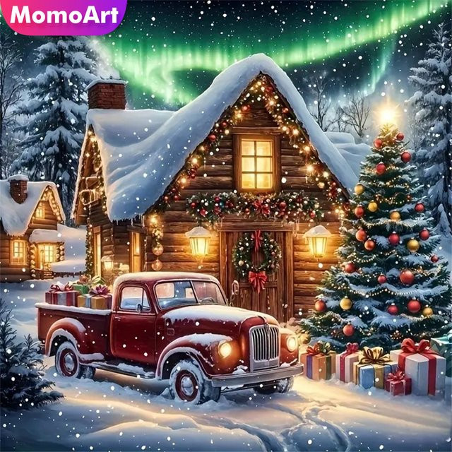 Momoart DIY Diamantmalerei Set Winterlandschaft mit Haus als Kunst-Mosaik für die Wanddekoration, Mehrfarbig - Bild 1