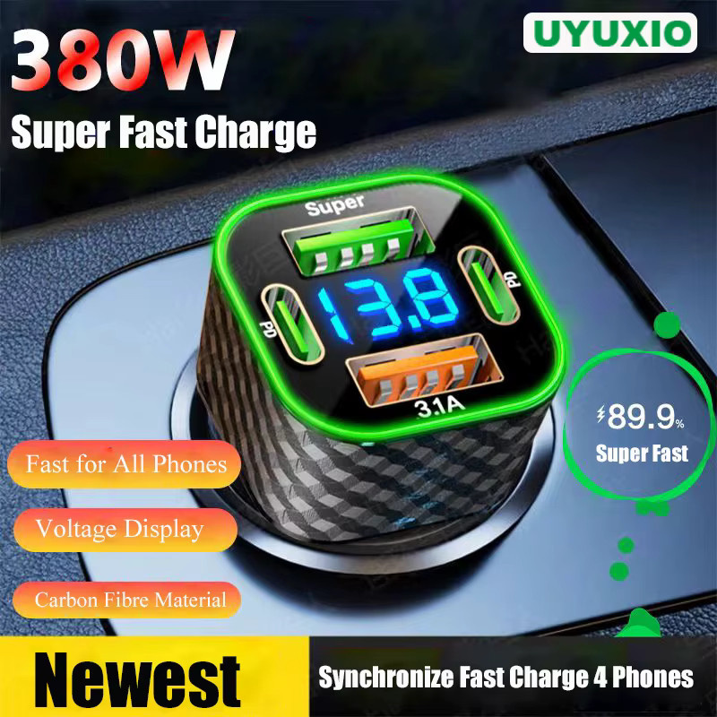 UYUXIO USB-C Auto-Handy-Ladegerät Dual PD 4-in-1 mit Spannungsanzeige, Superschneller Ladeadapter für iPhone, Xiaomi, Oppo, Vivo und Samsung, Schwarz - Bild 3