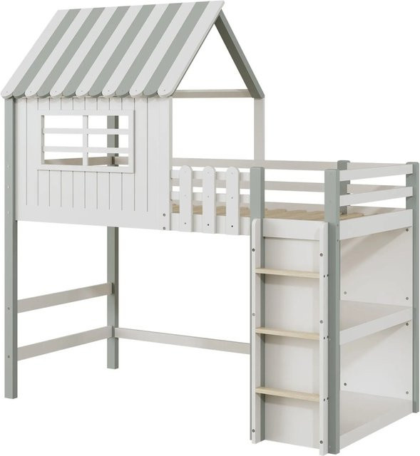 Merax Kinderhausbett aus Massivholz in Grün mit Seitenfächern, B/T/H: 90 x 200 x 218,5 cm - Bild 1