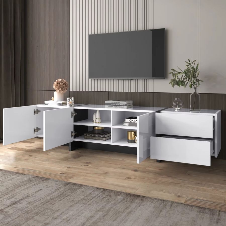 Comanlai LED-TV-Lowboard in Weiß mit 2 Schränken und 4 Schubladen, B/T/H: 130 x 33 x 15 cm - Bild 3