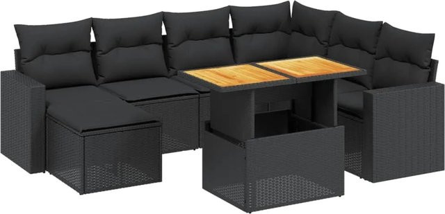 vidaXL 8-teilige Garten-Sofagarnitur aus Poly-Rattan und Akazienholz in Schwarz mit Kissen - Bild 1
